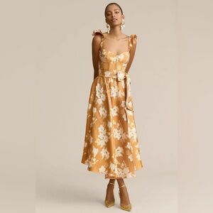 V. Chapman Vera Ruffle-Strap Corset Side-Slit Midi Dress in Gold Baroque Flor
